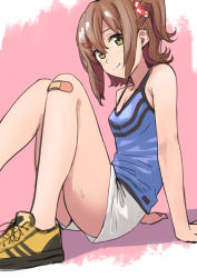 Rule 34 | 1girl, arm support, armpit crease, ass, bad id, bad pixiv id, bandaid, bandaid on knee, bandaid on leg, bare arms, bare legs, bare shoulders, blue shirt, breasts, brown hair, hair ornament, hairclip, idolmaster, idolmaster million live!, kasuga mirai, knees up, long hair, looking at viewer, one side up, shirt, shoes, short shorts, shorts, sidelocks, sleeveless, sleeveless shirt, small breasts, smile, sneakers, solo, sweat, thighs, white shorts, yellow eyes, yellow footwear, yoropa