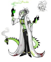 Rule 34 | 1girl, absurdres, black footwear, black pants, blood, blood on clothes, coke-bottle glasses, colored skin, commentary, english commentary, glasses, green skin, grey hair, grin, hair bun, hands up, highres, holding, holding with tail, lab coat, mask, matilda fiship, monster girl, mouth mask, navel, original, pants, prehensile tail, shoes, simple background, single hair bun, smile, smoke, spiked tail, tail, test tube, vial, white background