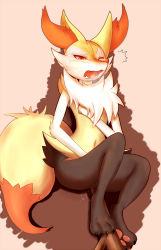 Rule 34 | 1girl, animal ears, animal hands, ass, between legs, blush, braixen, claws, creatures (company), feet, female masturbation, fox ears, fox tail, from above, full body, furry, furry female, game freak, gen 6 pokemon, half-closed eyes, hand between legs, hand on own chest, highres, lying, masturbation, navel, nintendo, object insertion, on back, one eye closed, open mouth, pink background, pokemon, pokemon (creature), pokemon xy, pussy juice, red eyes, sharp teeth, simple background, solo, steam, stick, sweat, tail, tears, teeth, vaginal, vaginal object insertion, wink, y leaves