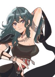 Rule 34 | 1girl, 3:, arm up, armlet, black dress, blue eyes, blue hair, bracelet, breasts, byleth (female) (fire emblem), byleth (fire emblem), chimney (chimney0311), choker, commentary, dancer (fire emblem: three houses), dress, fire emblem, fire emblem: three houses, highres, jewelry, large breasts, long hair, looking at viewer, nintendo, shawl, simple background, single-shoulder dress, solo, upper body, white background