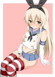 Rule 34 | 1girl, bare shoulders, bikini, black hairband, black ribbon, blonde hair, blue skirt, blush, breasts, brown eyes, elbow gloves, gloves, hair between eyes, hair ornament, hairband, kantai collection, long hair, looking at viewer, looking back, micro bikini, nose blush, open mouth, pleated skirt, pulled by self, ribbon, shimakaze (kancolle), sitting, skindentation, skirt, small breasts, solo, striped clothes, striped thighhighs, swimsuit, thighhighs, toshishikisai, white gloves