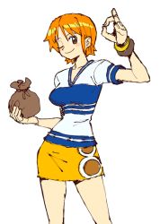 Rule 34 | 1girl, bracelet, breasts, brown eyes, closed mouth, commentary, cowboy shot, dreaminerryday, english commentary, holding, holding money, jewelry, medium breasts, money, nami (one piece), ok sign, one eye closed, one piece, orange hair, shirt, short hair, short sleeves, skirt, smile, solo, standing, v-neck, white background, yellow skirt