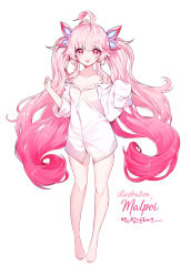 Rule 34 | 1girl, :d, ahoge, artist name, bare legs, bare shoulders, barefoot, blouse, collarbone, commission, elsword, full body, gradient hair, laby (elsword), long hair, looking at viewer, mal poi, multicolored hair, no pants, open mouth, pink hair, radiant soul (elsword), red eyes, shirt, simple background, smile, solo, standing, twintails, very long hair, white background, white shirt