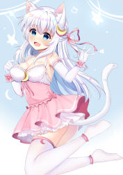 Rule 34 | 1girl, :d, absurdres, animal ear fluff, animal ears, bare shoulders, blue background, blue eyes, blush, bow, breasts, cat ears, cat girl, cat tail, cleavage, commentary request, crescent, crescent hair ornament, dress, elbow gloves, fang, gloves, hair between eyes, hair ornament, hair ribbon, hands up, highres, long hair, looking at viewer, looking to the side, medium breasts, open mouth, original, pink bow, pink dress, pink ribbon, ribbon, rinringyo, silver hair, smile, solo, star (symbol), tail, thighhighs, very long hair, white gloves, white thighhighs, wrist cuffs