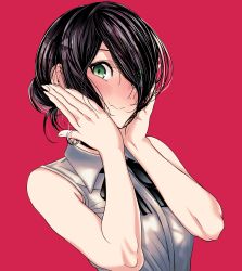 Rule 34 | 1girl, absurdres, akegata tobari, black choker, black hair, black ribbon, blush, breasts, chainsaw man, choker, closed mouth, collared shirt, commentary, glint, green eyes, grenade pin, hair bun, hair over one eye, hands on own cheeks, hands on own face, highres, looking at viewer, neck ribbon, parted bangs, pink background, red background, reze (chainsaw man), ribbon, shirt, short hair, simple background, single hair bun, sleeveless, sleeveless shirt, small breasts, smile, solo, upper body, wavy mouth, white shirt, wing collar
