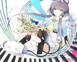 Rule 34 | &gt; &lt;, 1girl, ahoge, ascot, bare shoulders, bass clef, beamed quavers, benghuai 7, black hair, black thighhighs, cable, closed eyes, flat sign, flower, green eyes, hair ornament, long hair, luo tianyi, musical note, petals, piano keys, quaver, quaver rest, sharp sign, short hair with long locks, sidelocks, sitting, skirt, smile, solo, thighhighs, tian dian, treble clef, vocaloid, wings