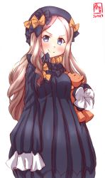 Rule 34 | 1girl, abigail williams (fate), abigail williams (fate) (cosplay), asakaze (kancolle), black bow, black dress, black hat, blue eyes, bow, brown hair, cosplay, cowboy shot, dated, dress, fate/grand order, fate (series), forehead, hair bow, hands in opposite sleeves, hat, highres, kanon (kurogane knights), kantai collection, logo, long hair, long sleeves, look-alike, looking at viewer, orange bow, simple background, sleeves past wrists, solo, stuffed animal, stuffed toy, teddy bear, v-shaped eyebrows, white background