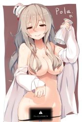 Rule 34 | 10s, 1girl, alcohol, areola slip, black panties, breasts, censored, censored nipples, collarbone, commentary request, cup, drinking glass, drunk, eyebrows, grey hair, hair between eyes, hair ornament, hat, kantai collection, large breasts, long hair, long sleeves, looking at viewer, meth (emethmeth), nipple slip, nipples, novelty censor, open clothes, open shirt, outside border, panties, panty pull, playstation vr, pola (kancolle), red eyes, shirt, simple background, smile, solo, underwear, wet, wine, wine glass