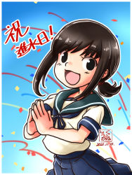 Rule 34 | 1girl, artist logo, black eyes, black hair, blue background, blue sailor collar, blue skirt, commentary request, confetti, cowboy shot, dated, dress, fubuki (kancolle), gradient background, happy birthday, kantai collection, kutone shirika, long hair, looking at viewer, low ponytail, own hands together, pleated dress, ponytail, sailor collar, school uniform, serafuku, short ponytail, sidelocks, skirt, smile, solo
