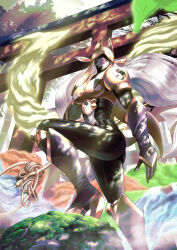 Rule 34 | 1girl, armor, ass, belt, black bodysuit, bodysuit, breasts, closed mouth, commentary, covered eyes, creature, dappled sunlight, day, detached sleeves, digimon, digimon (creature), digital hazard, facial mark, floating hair, fox mask, gloves, grey hair, high heels, highres, holding, holding staff, long hair, low-tied long hair, low twintails, mask, medium breasts, multiple torii, outdoors, purple sleeves, rock, sakuyamon, shoulder armor, solo, staff, standing, stirrup legwear, sunlight, takeuchi (rtakeuchi1535), toeless legwear, torii, twintails, very long hair, yellow armor, yin yang, yin yang print