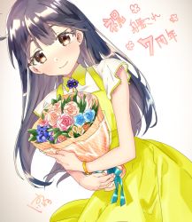 Rule 34 | 1girl, ahoge, alternate costume, black hair, blush, bouquet, brown eyes, closed mouth, dress, flower, gradient background, hatu xxgoukan, holding, holding bouquet, kantai collection, long dress, long hair, looking at viewer, multicolored flower, short sleeves, smile, solo, ushio (kancolle), wedding dress, yellow dress
