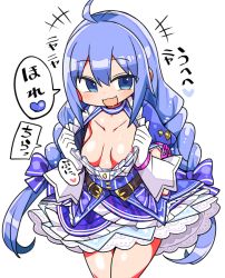 Rule 34 | 1girl, :3, :d, ahoge, belt, blue dress, blue eyes, blue hair, braid, breasts, collarbone, commentary request, dress, gloves, kanikama, looking at viewer, nijisanji, open mouth, small breasts, smile, solo, speech bubble, translation request, twin braids, virtual youtuber, white gloves, yuuki chihiro, yuuki chihiro (8th costume)
