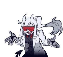 Rule 34 | 1girl, black jacket, black necktie, black pants, breasts, buttons, closed eyes, coat, collared shirt, cowboy shot, demon girl, demon tail, female focus, formal, goggles, hair rings, hands up, happy, helltaker, horns, jacket, lab coat, leaning forward, long hair, long sleeves, loremaster (helltaker), mechanical arms, medium breasts, necktie, official art, open clothes, open coat, open mouth, pants, pocket, ponytail, prosthesis, red-tinted eyewear, red-tinted glasses, red shirt, rimless eyewear, shirt, shrugging, sidelocks, simple background, sleeves rolled up, smile, solo, standing, suit, sunglasses, tail, teeth, tinted eyewear, transparent background, vanripper, visor, white coat, white hair