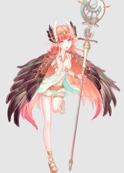 Rule 34 | 1girl, armlet, bare shoulders, black wings, blue eyes, blunt bangs, bracelet, breasts, circe (fate), fate/grand order, fate (series), feathered wings, feathers, full body, grey background, gun (pixiv3082315), hand on own cheek, hand on own face, hand up, highres, holding, holding staff, jewelry, left-handed, leg up, long hair, miniskirt, multicolored eyes, open mouth, pink eyes, pointy ears, sandals, simple background, skirt, small breasts, solo, staff, standing, standing on one leg, straight hair, thigh strap, tiara, white skirt, white wings, wings