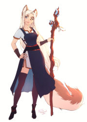 Rule 34 | 1girl, animal ear fluff, animal ears, artist name, black thighhighs, blue eyes, bracer, commentary, english commentary, fox ears, fox girl, fox tail, freckles, full body, hand on own hip, heterochromia, highres, long hair, looking at viewer, losse (personal ami), original, personal ami, short sleeves, side slit, simple background, smile, solo, staff, tail, thick eyebrows, thighhighs, very long hair, white background, white hair, yellow eyes, zettai ryouiki