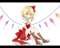 Rule 34 | 1girl, ahoge, ascot, bad id, bad pixiv id, blonde hair, boots, bow, brown footwear, collar, dress, flandre scarlet, frilled collar, frills, hair ribbon, highres, kohaku (amber frag), letterboxed, no headwear, puffy short sleeves, puffy sleeves, red bow, red dress, red eyes, red ribbon, reflective floor, ribbon, short sleeves, side ponytail, simple background, solo, touhou, white background, wing collar, wings, wristband