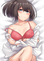 Rule 34 | 1girl, absurdres, akizuki (kancolle), blue eyes, blush, bra, breasts, brown hair, closed mouth, collarbone, commentary request, crossed arms, highres, kantai collection, kiritto, lace, lace-trimmed bra, lace trim, long sleeves, looking at viewer, lying, medium breasts, medium hair, off shoulder, on back, ponytail, shirt, smile, solo, underwear, white shirt