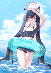 Rule 34 | 1girl, absurdres, animal ear fluff, animal ears, bare arms, bare legs, bare shoulders, bikini, black bikini, black hair, blue archive, blush, breasts, cat ears, closed mouth, day, frilled bikini, frills, hair between eyes, halo, highres, innertube, long hair, looking at viewer, ocean, official alternate costume, outdoors, pink halo, red eyes, seizou hidzuke, serika (blue archive), serika (swimsuit) (blue archive), small breasts, solo, swim ring, swimsuit, twintails, water
