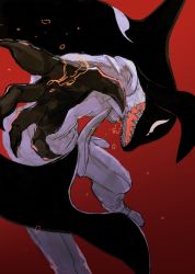 Rule 34 | 10s, 1boy, boku no hero academia, fangs, formal, gang orca, gradient background, horocca, male focus, necktie, open hand, open mouth, red background, solo, suit