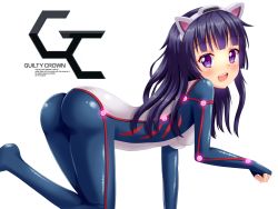 Rule 34 | 10s, 1girl, :d, all fours, animal ears, ass, bodysuit, breasts, cat ears, fake animal ears, guilty crown, highres, looking at viewer, nottytiffy, open mouth, purple eyes, purple hair, simple background, skin tight, small breasts, smile, solo, tsugumi (guilty crown)