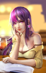 Rule 34 | 1girl, artist name, bare shoulders, book, breasts, cleavage, collarbone, drink, earrings, glass, hand on own cheek, hand on own face, highres, humanization, jewelry, large breasts, light smile, long hair, looking at viewer, multicolored hair, my little pony, my little pony: friendship is magic, open book, personification, pink hair, purple eyes, purple hair, sangrde, see-through, shirt, smile, solo, twilight sparkle, two-tone hair, watermark, web address, yellow shirt
