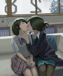 Rule 34 | 2girls, absurdres, age difference, black cardigan, black pantyhose, brown skirt, cardigan, child, closed eyes, couch, folded ponytail, fukuda (adsgghbg), green hair, green skirt, green vest, highres, idolmaster, idolmaster shiny colors, incest, kiss, multiple girls, muted color, nanakusa hazuki, nanakusa nichika, office lady, on couch, onee-loli, pantyhose, realistic, school uniform, short hair, siblings, sisters, sitting, skirt, sweater vest, vest, window, yuri