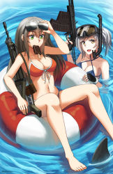 Rule 34 | 2girls, absurdres, adjusting eyewear, aps rifle (girls&#039; frontline) (ndtwofives), aps underwater rifle, asm-dt amphibious rifle, assault rifle, bare arms, bare legs, bare shoulders, barefoot, bikini, black gloves, blue bikini, brown eyes, brown hair, commentary, criss-cross halter, diving mask, diving mask on head, dual-medium assault rifle, english commentary, eyewear lift, fang, fingerless gloves, folding stock, food, food in mouth, front-tie bikini top, front-tie top, girls&#039; frontline, gloves, goggles, goggles on head, green eyes, grey hair, gun, halterneck, hand on eyewear, highres, holding, holding gun, holding weapon, innertube, lifting own clothes, long hair, long rifle, mouth hold, multiple girls, name connection, navel, ndtwofives, needlegun, object namesake, original, popsicle, prototype design, red bikini, rifle, ripples, shark fin, side ponytail, sig 500 (girls&#039; frontline) (ndtwofives), sig 550 (girls&#039; frontline) (ndtwofives), sig sauer, sig sg550, snorkel, stock (firearm), string bikini, sunglasses, sunglasses on head, swim ring, swimsuit, toz (tulsky oruzheiny zavod), tpktimash, tsniitochmash, tula arms plant, twitter username, underwater firearm, underwater magazine, very long hair, water, weapon