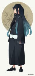 Rule 34 | 1boy, adapted costume, alternate costume, aqua eyes, aqua hair, arms at sides, bag, bamboo, black footwear, black hair, black pants, black shirt, chinese clothes, closed mouth, clothing cutout, contemporary, dalc rose, fanny pack, full body, gradient hair, highres, kimetsu no yaiba, long hair, long sleeves, looking away, male focus, multicolored hair, pants, profile, shirt, shoes, sidelocks, sleeves past wrists, solo, standing, toggles, tokitou muichirou, two-tone hair, white background, wide sleeves