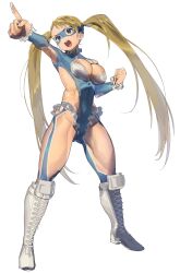 Rule 34 | 1girl, armpits, blonde hair, blue eyes, boots, breasts, cleavage cutout, clothing cutout, highres, hip vent, large breasts, long hair, rainbow mika, street fighter, tanakalma, teeth, twintails, upper teeth only, very long hair, wrestling outfit