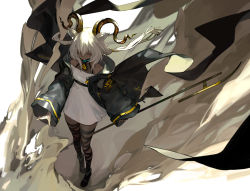 Rule 34 | 1girl, animal ears, arknights, beeswax (arknights), black collar, black footwear, black jacket, collar, dark-skinned female, dark skin, dress, eta-klein, closed eyes, from above, full body, goat ears, goat girl, goat horns, hair between eyes, highres, holding, holding staff, horns, infection monitor (arknights), jacket, long hair, off-shoulder dress, off shoulder, open clothes, open jacket, originium arts (arknights), sand, solo, staff, standing, twintails, white dress, white hair