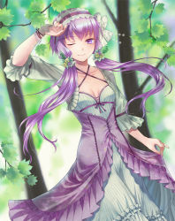 Rule 34 | 1girl, ;), arm up, beads, blurry, blurry background, blush, bow, breasts, buttons, cleavage, collarbone, cross-laced clothes, dress, dutch angle, flower, frilled sleeves, frills, green dress, hair bow, hair flower, hair ornament, hair tubes, hand on forehead, kogaran, leaf, long hair, looking at viewer, low twintails, maid headdress, nature, one eye closed, outdoors, plant, purple eyes, purple hair, purple ribbon, ribbon, short sleeves, small breasts, smile, solo, striped clothes, striped dress, sunlight, tree, twintails, vertical-striped clothes, vertical-striped dress, vocaloid, voiceroid, walking, white bow, yuzuki yukari