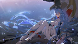 Rule 34 | 1girl, absurdly long hair, absurdres, ayanami rei, blue hair, blurry, bodysuit, breasts, bubble, closed eyes, cockpit, commentary, covered collarbone, depth of field, entry plug, evangelion: 3.0+1.0 thrice upon a time, full body, hair between eyes, headgear, highres, indoors, interface headset, knees up, long bangs, long hair, medium breasts, neon genesis evangelion, pilot suit, plugsuit, rebuild of evangelion, science fiction, sleeping, solo, underwater, very long hair, white bodysuit, zetlice