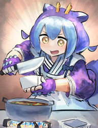 Rule 34 | 1girl, apron, blue hair, cooking, dragon girl, dragon horns, dragon tail, duel monster, food, gloves, hatano kiyoshi, highres, holding, holding food, holding knife, horns, knife, laundry dragonmaid, looking at food, maid, medium hair, smile, solo, stew, stove, tail, tofu, wa maid, yellow eyes, yu-gi-oh!