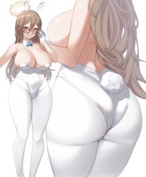 Rule 34 | 1girl, akane (blue archive), akane (bunny) (blue archive), animal ears, armpits, ass, bare shoulders, blue archive, bow, bowtie, breasts, brown eyes, cleavage, covered navel, detached collar, fake animal ears, glasses, gloves, hair between eyes, halo, highres, kuavera, large breasts, leotard, light brown hair, long hair, looking at viewer, pantyhose, playboy bunny, rabbit ears, smile, solo, white background, white gloves, white leotard