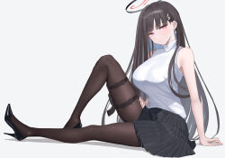 Rule 34 | 1girl, bare arms, black footwear, black skirt, blue archive, blunt bangs, breasts, brown hair, brown pantyhose, closed mouth, earrings, from side, full body, gun, halo, handgun, high heels, holster, jewelry, knee up, large breasts, long hair, looking at viewer, miniskirt, pantyhose, pink eyes, pleated skirt, rio (blue archive), shougun (chuckni1), simple background, skirt, sleeveless, sleeveless sweater, sleeveless turtleneck, solo, sweater, sweater tucked in, thigh holster, turtleneck, turtleneck sweater, weapon, white background, white sweater