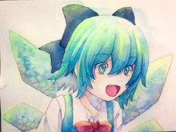 Rule 34 | 1girl, blue eyes, blue hair, bow, cirno, hair bow, ice, ice wings, matching hair/eyes, painting (medium), smile, solo, touhou, traditional media, watercolor (medium), wings, yuyu (00365676)