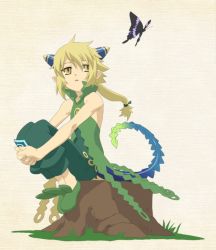 Rule 34 | 1girl, baggy pants, bare shoulders, blonde hair, bug, butterfly, butterfy, coral, coral (summon night), demon girl, dress, flat chest, full body, hair between eyes, hair ribbon, high collar, horns, hugging own legs, insect, long hair, low-tied long hair, nature, open mouth, outdoors, own hands clasped, own hands together, pants, pointy ears, ponytail, ribbon, shoes, simple background, sitting, summon night, summon night 4, tail, tree stump, yellow eyes