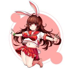 Rule 34 | 1girl, ahoge, animal ears, bad id, bad twitter id, barefoot, brown hair, expressionless, feet, full body, highres, kosobin, legs, legs up, long hair, midriff, navel, original, outstretched arms, rabbit ears, rabbit tail, red eyes, red skirt, school uniform, serafuku, shirt, short sleeves, skirt, solo, tail, thighs, toes, white shirt