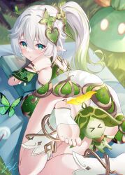 Rule 34 | 1girl, aranara (genshin impact), ass, bare shoulders, blush, book, bracelet, braid, breasts, bug, butterfly, cape, convenient censoring, crown braid, dress, eric (tianqijiang), feet, genshin impact, gold trim, gradient hair, green cape, green eyes, green hair, hair ornament, highres, insect, jewelry, leaf hair ornament, long hair, looking at viewer, looking back, lying, multicolored hair, nahida (genshin impact), on stomach, open mouth, pointy ears, side ponytail, sidelocks, sleeveless, sleeveless dress, slime (genshin impact), small breasts, soles, stirrup footwear, symbol-shaped pupils, toes, white dress, white hair