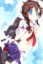 Rule 34 | 10s, 1girl, ahoge, black panties, blue eyes, braid, brown hair, covering privates, covering breasts, hair ornament, hair over shoulder, hairclip, honeycomb background, honeycomb pattern, kantai collection, long hair, looking at viewer, odero, panties, personification, pleated skirt, school uniform, serafuku, shigure (kancolle), single braid, skirt, solo, torn clothes, underwear