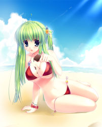 Rule 34 | 1girl, arm support, bad id, bad pixiv id, beach, bikini, blue eyes, breasts, cloud, day, food, futaori arisa, green hair, highres, large breasts, long hair, original, outdoors, popsicle, red bikini, sitting, solo, swimsuit, tongue, twintails, untied