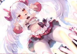 Rule 34 | 1girl, azur lane, bare shoulders, blush, collarbone, commentary request, detached sleeves, double v, dutch angle, from below, glowstick, hair between eyes, hands up, headset, laffey (azur lane), laffey (bunny idol @unmotivated) (azur lane), long hair, long sleeves, looking at viewer, looking down, navel, official alternate costume, panties, panties under pantyhose, pantyhose, plaid, plaid skirt, pleated skirt, red eyes, red skirt, sazaki ichiri, skirt, solo, standing, thighband pantyhose, twintails, underwear, v, very long hair, white hair, white pantyhose, white sleeves