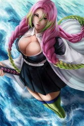 Rule 34 | 1girl, absurdres, artfinitii, black skirt, braid, breasts, cape, cleavage, closed mouth, from above, green eyes, green hair, green thighhighs, highres, kanroji mitsuri, katana, kimetsu no yaiba, large breasts, lips, long hair, looking at viewer, multicolored hair, open clothes, pink hair, pleated skirt, sandals, skirt, solo, standing, sword, thighhighs, thighs, twin braids, two-tone hair, uniform, water, weapon
