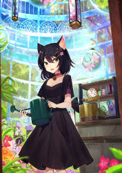 Rule 34 | 1girl, absurdres, animal ears, black hair, book, breasts, cash register, cat ears, cat girl, cat hair ornament, cleavage, clock, collar, cross-laced slit, cup, day, dress, flower, garden, green eyes, greenhouse, hair ornament, hairclip, hanging plant, highres, holding, holding watering can, kusunokimizuha, long hair, open mouth, original, plant, scissors, shelf, short sleeves, sky, small breasts, smile, solo, sunlight, table, tape dispenser, tree, watering can, window