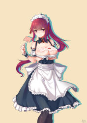 Rule 34 | 1girl, apron, bare shoulders, blush, breasts, cleavage, cream, frills, highres, j.xh, large breasts, long hair, looking at viewer, original, ponytail, red eyes, red hair, sexually suggestive, solo, suggestive fluid