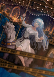 Rule 34 | 1girl, absurdres, blue eyes, blue hair, bow, burning, carousel, caution tape, city, collarbone, dress, ferris wheel, fire, gradient hair, hands up, highres, kuronouka, lights, long hair, long sleeves, looking at viewer, multicolored hair, open mouth, original, reaching, reaching towards viewer, sitting, smile, very long hair, waist bow, white hair