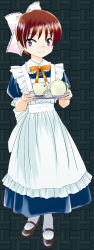 Rule 34 | 1girl, apron, blue dress, bow, brown hair, cup, dress, fang, frilled apron, frilled bow, frilled shirt collar, frilled sleeves, frills, full body, gegege no kitarou, hair bow, holding, holding tray, long dress, maid, maid apron, mary janes, neck ribbon, nekomusume, pantyhose, pink bow, puffy short sleeves, puffy sleeves, purple eyes, ribbon, sentape, shoes, short hair, short sleeves, smile, solo, standing, teacup, teapot, toei animation, tray, white pantyhose