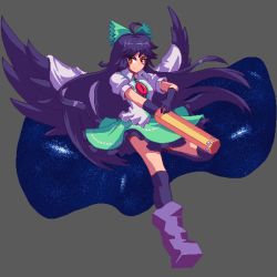 Rule 34 | 1girl, arm up, black gloves, black hair, black socks, boots, bow, breasts, cannon, cloak, closed mouth, collar, gloves, green bow, green skirt, grey background, hands up, holding, long hair, looking to the side, medium breasts, pixel art, potemki11, puffy short sleeves, puffy sleeves, purple footwear, red eyes, reiuji utsuho, shirt, short sleeves, simple background, skirt, smile, socks, solo, space, touhou, white shirt, white sleeves, wings