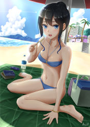 Rule 34 | 1girl, :d, absurdres, barefoot, beach, bikini, black hair, blue bikini, blue eyes, blue hair, blue sky, bottle, bracelet, breasts, cleavage, cloud, collarbone, day, food, from side, full body, gradient hair, halterneck, highres, holding, holding food, hoshikawa shiori, ice cream, jewelry, kayama kouji, looking at viewer, medium breasts, multicolored hair, navel, open mouth, original, outdoors, popsicle, side-tie bikini bottom, sitting, sky, smile, solo, swimsuit, wariza, water bottle