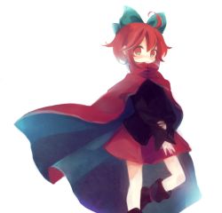 Rule 34 | 1girl, ahoge, bad id, bad pixiv id, boots, bow, cape, daizu (melon-lemon), hair bow, long sleeves, looking at viewer, red eyes, red hair, sekibanki, shirt, simple background, skirt, solo, touhou, white background